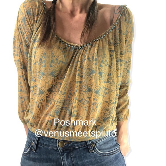 Free People Tops - Free People Beaded Boho Crop blouse semi sheer M